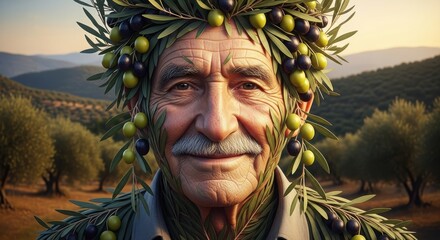 Wise elder portrait with olive branch crown and verdant forest landscape background