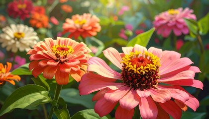 Obraz premium Vibrant zinnia blossoms in a garden display a profusion of warm, peachy-coral and rosy-pink petals, with a sunlit, radiant quality.