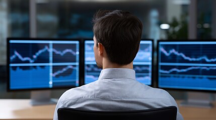 A person from behind, observing multiple computer screens displaying financial charts and data in an office setting.