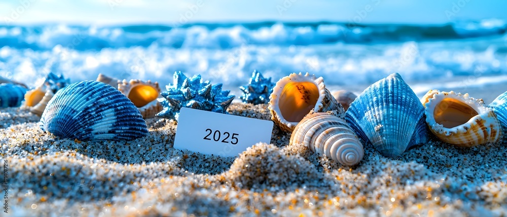 Poster a small card with the number 2025 rests on a sandy beach amidst seashells with the ocean waves in th