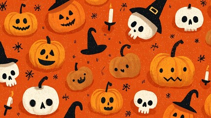 Playful spooky pumpkins with goofy scary expressions, small skulls, candles, and witch hats on orange