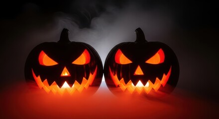 Fototapeta premium Two Spooky Jack O Lanterns Glowing In The Dark Halloween Night