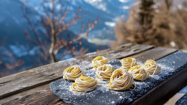 Artisanal, handmade fresh pasta nests on a slate platter, representing traditional Italian cooking and the slow food movement with a beautiful winter mountain backdrop.