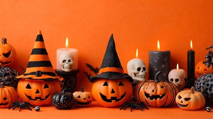 Happy pumpkins with cheerful spooky smiles, mini skulls, glowing candles, and witch hats on orange