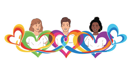 Fototapeta premium Happy multi-ethnic family team holding hands in a cartoon illustration