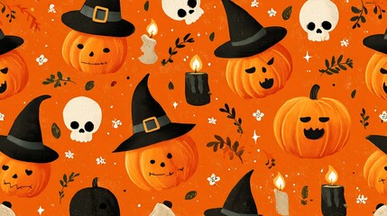 Silly spooky pumpkins with sweet scary faces, little skulls, candles, and witch hats on orange