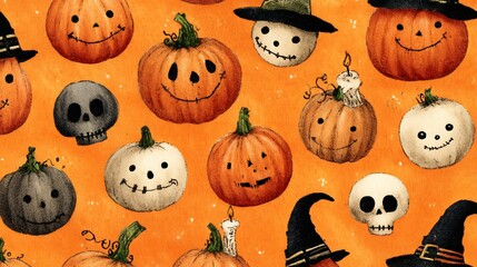 Silly spooky pumpkins with sweet scary faces, little skulls, candles, and witch hats on orange
