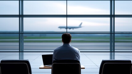 Man sitting in airport terminal, looking at an airplane taking off from the runway.
