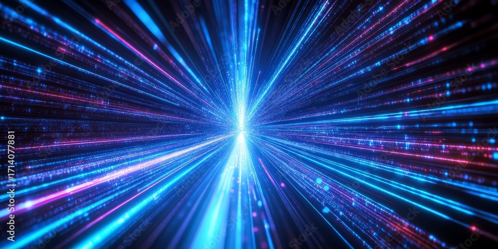 Poster dynamic technological space with abstract data stream flow and glowing light lines on dark backdrop