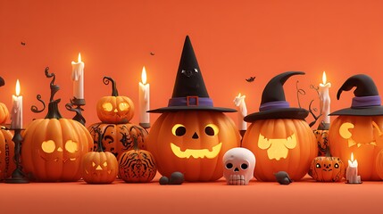 Goofy pumpkins with cute spooky grins, tiny skulls, glowing candles, and witch hats on orange