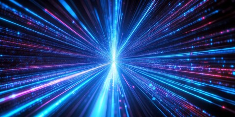 Dynamic Technological Space with Abstract Data Stream Flow and Glowing Light Lines on Dark Backdrop