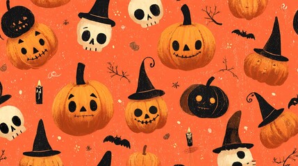 Whimsical spooky pumpkins with happy scary faces, small skulls, candles, and witch hats on orange