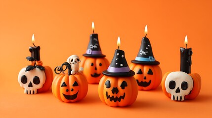 Cheerful pumpkins with funny spooky faces, mini skulls, flickering candles, and witch hats on orange