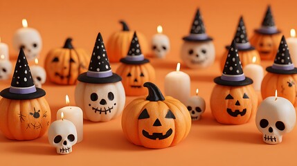 Cheerful pumpkins with funny spooky faces, mini skulls, flickering candles, and witch hats on orange