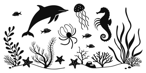 Black silhouette illustration of various marine life and ocean elements on a white background. Includes diverse sea creatures such as dolphins, seahorses, octopuses, jellyfish, starfish, crabs, fish, 