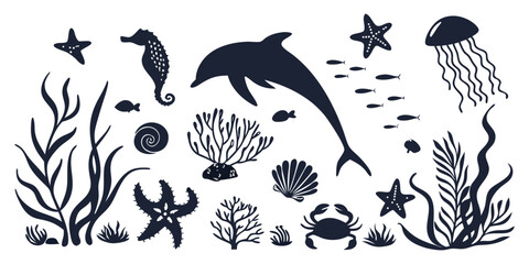 Black silhouette illustration of various marine life and ocean elements on a white background. Includes diverse sea creatures such as dolphins, seahorses, octopuses, jellyfish, starfish, crabs, fish, 