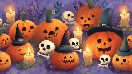 Playful spooky pumpkins with charming scary smiles, little skulls, glowing candles, and witch hats on orange