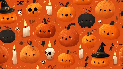 Cute pumpkins with silly spooky expressions, tiny skulls, candles, and witch hats on orange