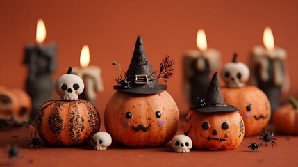 Cute pumpkins with silly spooky expressions, tiny skulls, candles, and witch hats on orange