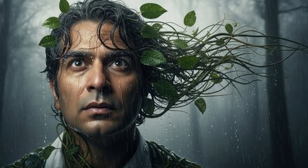 Mysterious man with forest flora integrated into his hair ethereal cinematic portrait