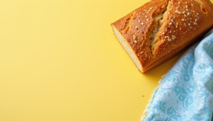 create a photo of a slice of delicious bread on a yellow background, the subject should be positioned on the right side with ample copy space to the left