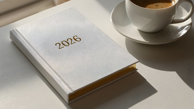 A 2026 planner rests on a table next to a white coffee cup. The planner has a shiny cover with the year embossed in gold. Soft sunlight illuminates the scene. - Powered by Adobe