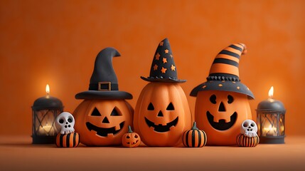 Goofy spooky pumpkins with friendly scary faces, mini skulls, glowing candles, and witch hats on orange