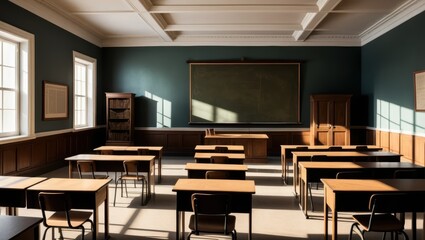 Spacious Empty Classroom Bathed in Sunlight with Traditional Wooden Desks and Chalkboard