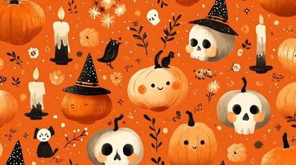 Whimsical pumpkins with sweet spooky faces, small skulls, candles, and witch hats on orange