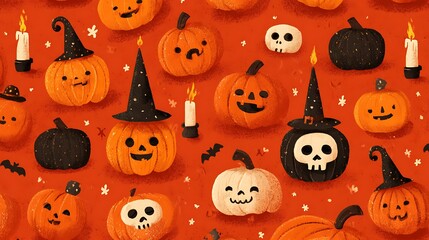 Funny pumpkins with cheerful spooky grins, little skulls, candles, and witch hats on orange