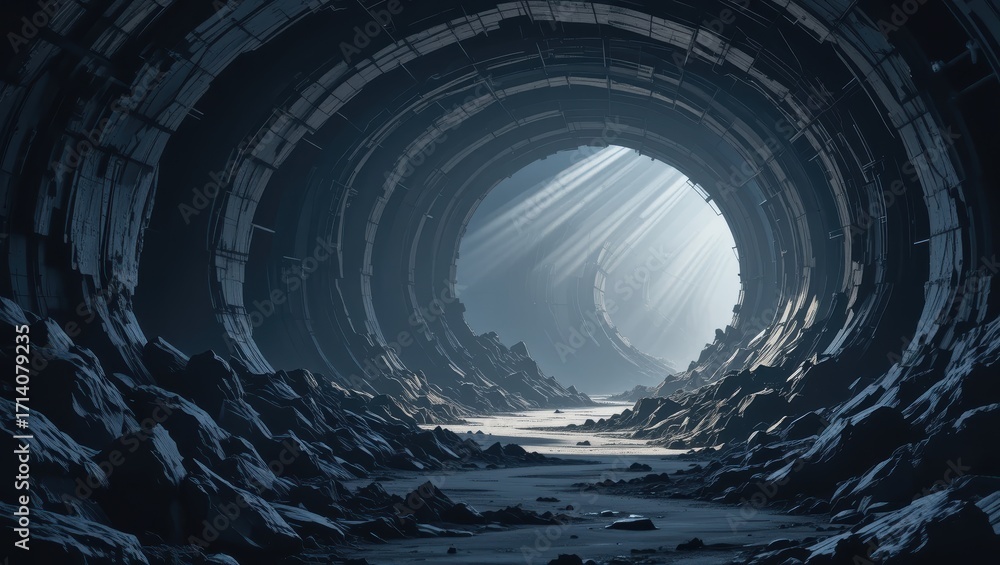 Wall mural a mysterious cave tunnel emitting light with rocky textures and shadows in an abstract environment