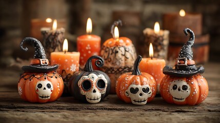 Whimsical pumpkins with sweet spooky faces, small skulls, candles, and witch hats on orange