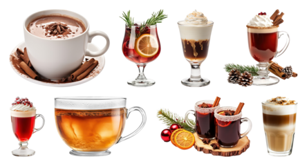 PNG Assorted festive holiday beverages, element set on transparent background