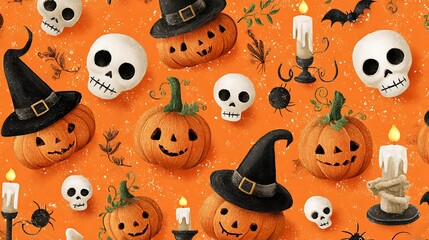 Whimsical pumpkins with sweet spooky faces, small skulls, candles, and witch hats on orange