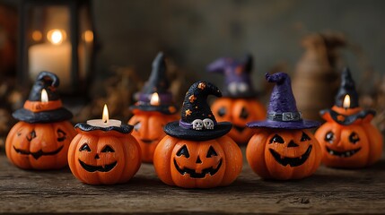 Friendly spooky pumpkins with funny scary grins, mini skulls, flickering candles, and witch hats on orange