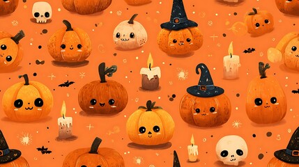 Happy cartoon pumpkins with cute spooky faces, little skulls, candles, and witch hats on orange