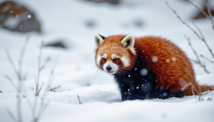 red panda in snowy winter keywords: red panda, snow, winter, subject at bottomcreate a captivating image of a red panda in the midst of a snowy winter landscape