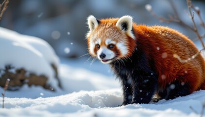 red panda in snowy winter keywords: red panda, snow, winter, subject at bottomcreate a captivating image of a red panda in the midst of a snowy winter landscape