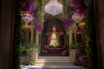 Fototapeta premium Opulent Hallway with Hanging Purple Orchids and Crystal Chandeliers Leading to a Secluded Lounge Area