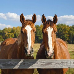 Two beautiful bay horses with white facial markings face the camera behind a rustic wooden fence on a sunny day.