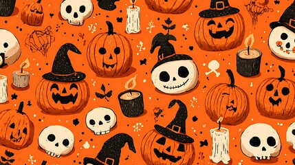 Happy cartoon pumpkins with cute spooky faces, little skulls, candles, and witch hats on orange