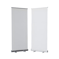 Two blank white roll up banner stands displayed side by side against a black background ready for custom graphics and branding in a studio setting
