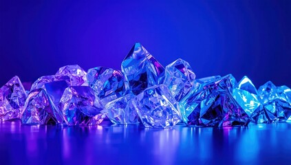 Close-up of glistening, transparent crystals illuminated by vibrant purple and blue neon lights, creating a mesmerizing, cool-toned effect against a dark background