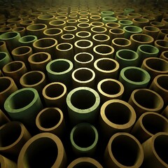 Top view of stacked ceramic tubes forming repeating circular pattern in green and brown tones.