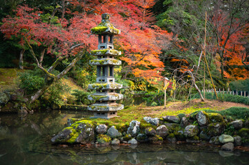 Stone lantern in a Japanese garden with vibrant autumn foliage, Kanazawa, Japan