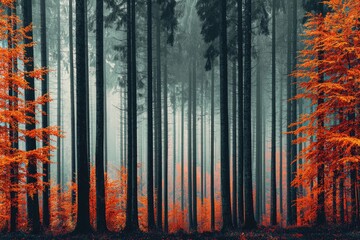 Misty autumn forest with vibrant orange foliage