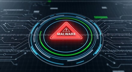 Futuristic malware warning triangular red alert on cybersecurity interface HUD.