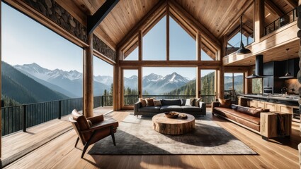 Fototapeta premium Modern Cabin Interior with Panoramic Mountain Views and Natural Light in a Serene Location