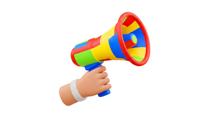 Megaphone announcement. Support hand with megaphone 3d cartoon.