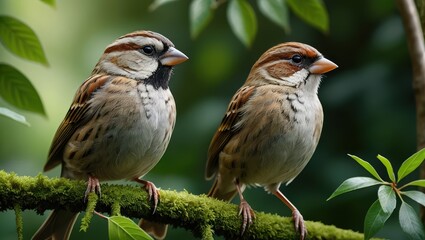Pair of Colorful Sparrows Perched on a Branch Surrounded by Lush Greenery in Nature